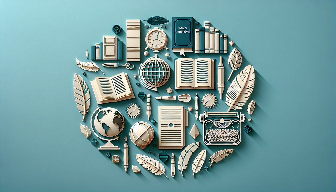 Paper art books letters quill and question marks on teal background for literature trivia quiz.