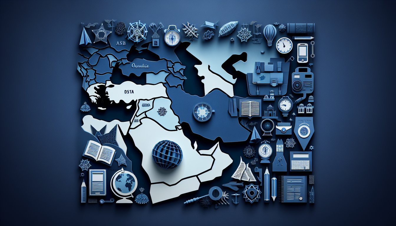 Colorful paper art promoting Middle East Map Challenge, a geography quiz for high school students.