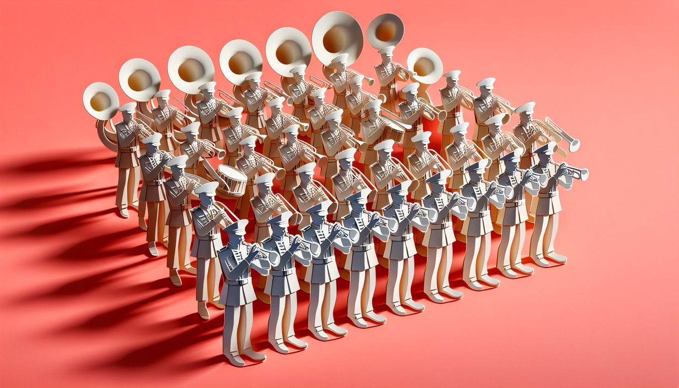 Paper art illustration of marching band instruments sheet music score sheet quiz elements on coral background
