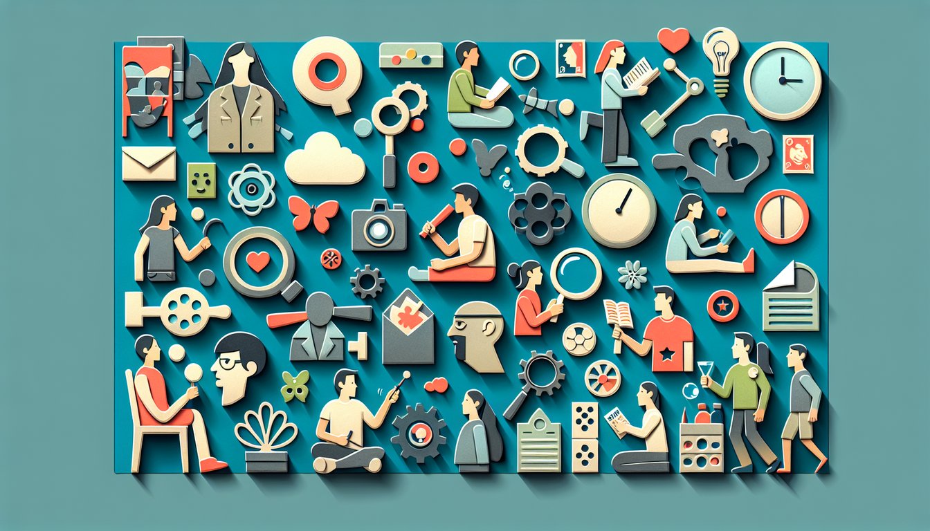 Paper art illustration of quirky shapes icons and odd habits collage hinting at weird quiz challenge on teal background.
