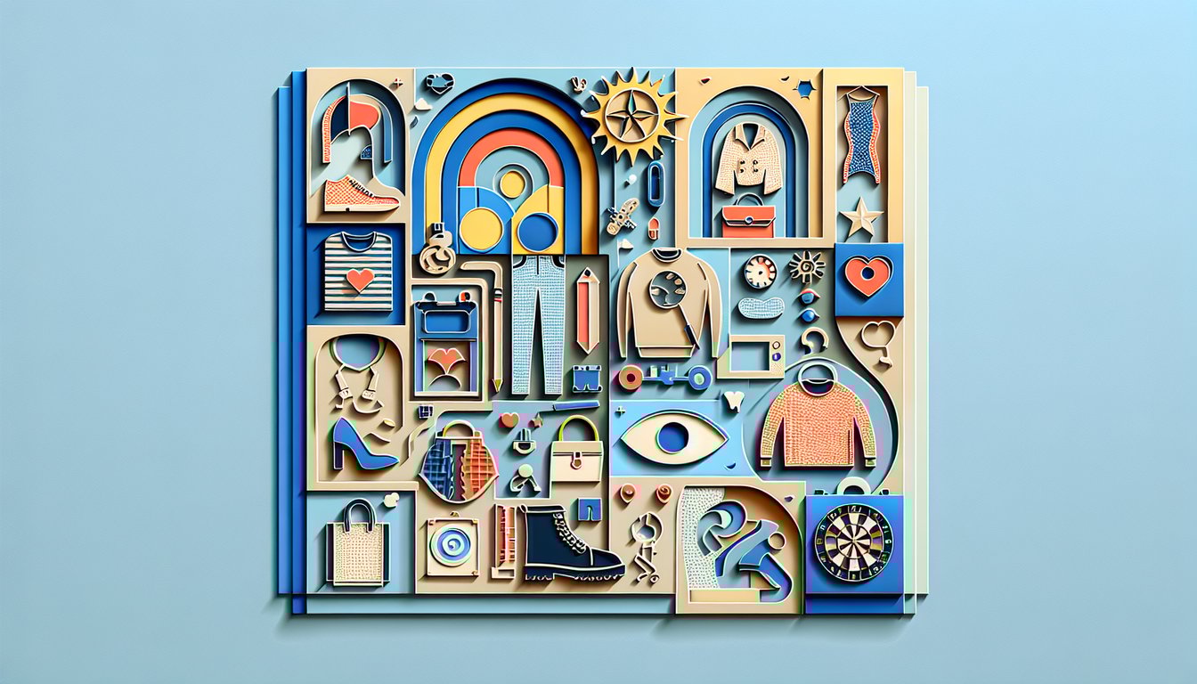 Paper art collage of Gossip Girl inspired fashion icons and style motifs on sky blue background for quiz.