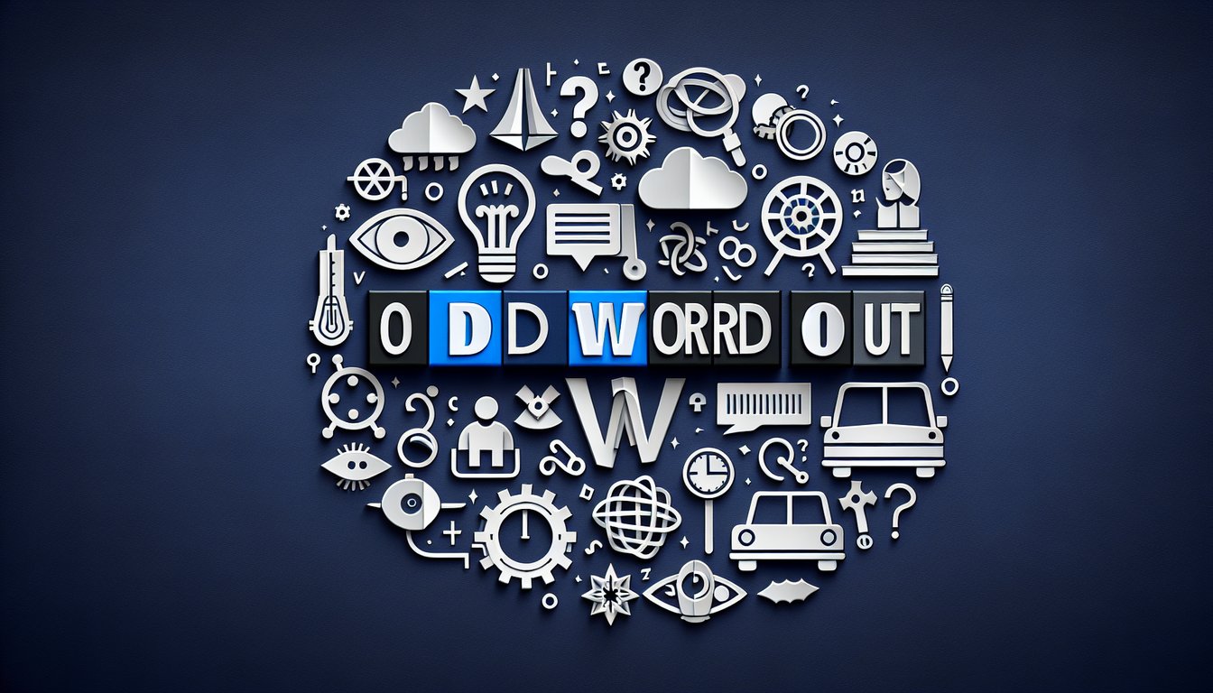 Paper art promoting Odd Word Out quiz for high school students to enhance vocabulary and critical thinking skills.