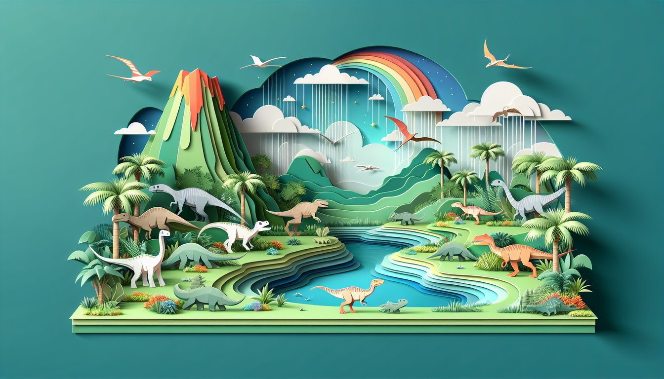 Paper art dinosaurs eggs film reel depicting Jurassic Park trivia quiz title on teal background