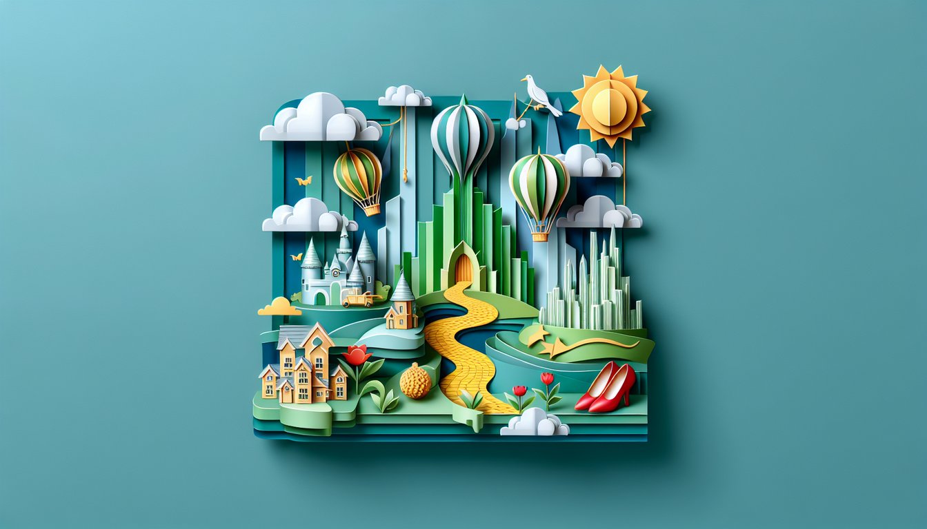 Paper art illustration of Wizard of Oz silhouettes and elements on teal background for personality quiz