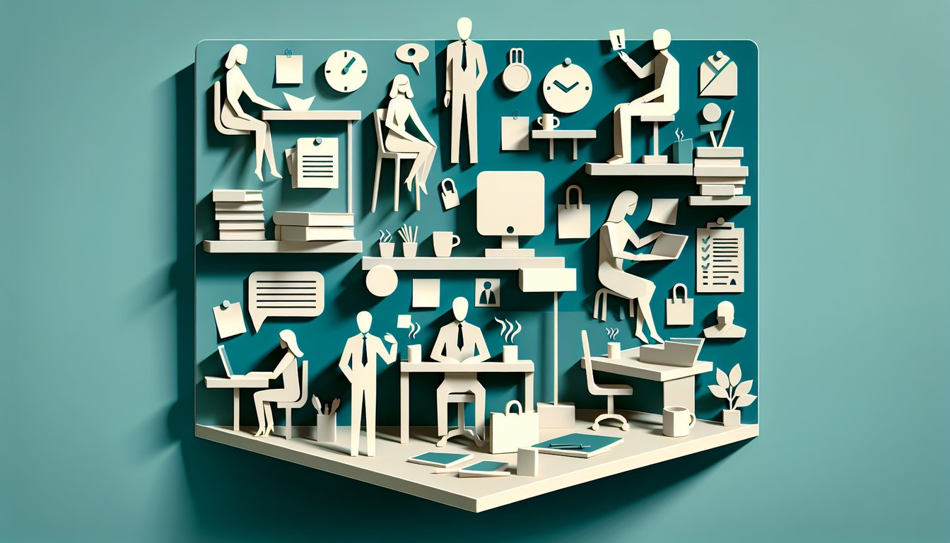 Paper art illustration of office tools clock laptop coffee calculator on teal background for free workaholic test quiz.