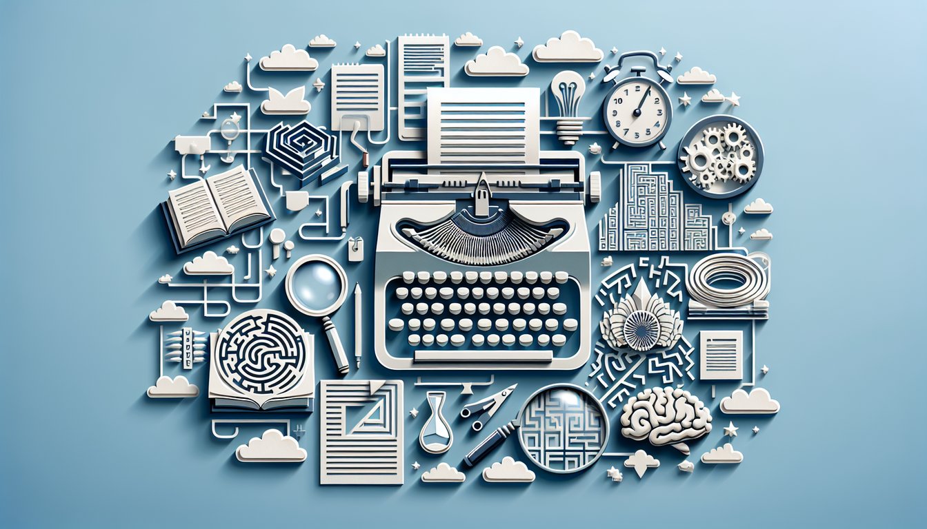 Paper art showing IBM Selectric typewriter keys with paper on sky blue background inviting Type Writer Test quiz