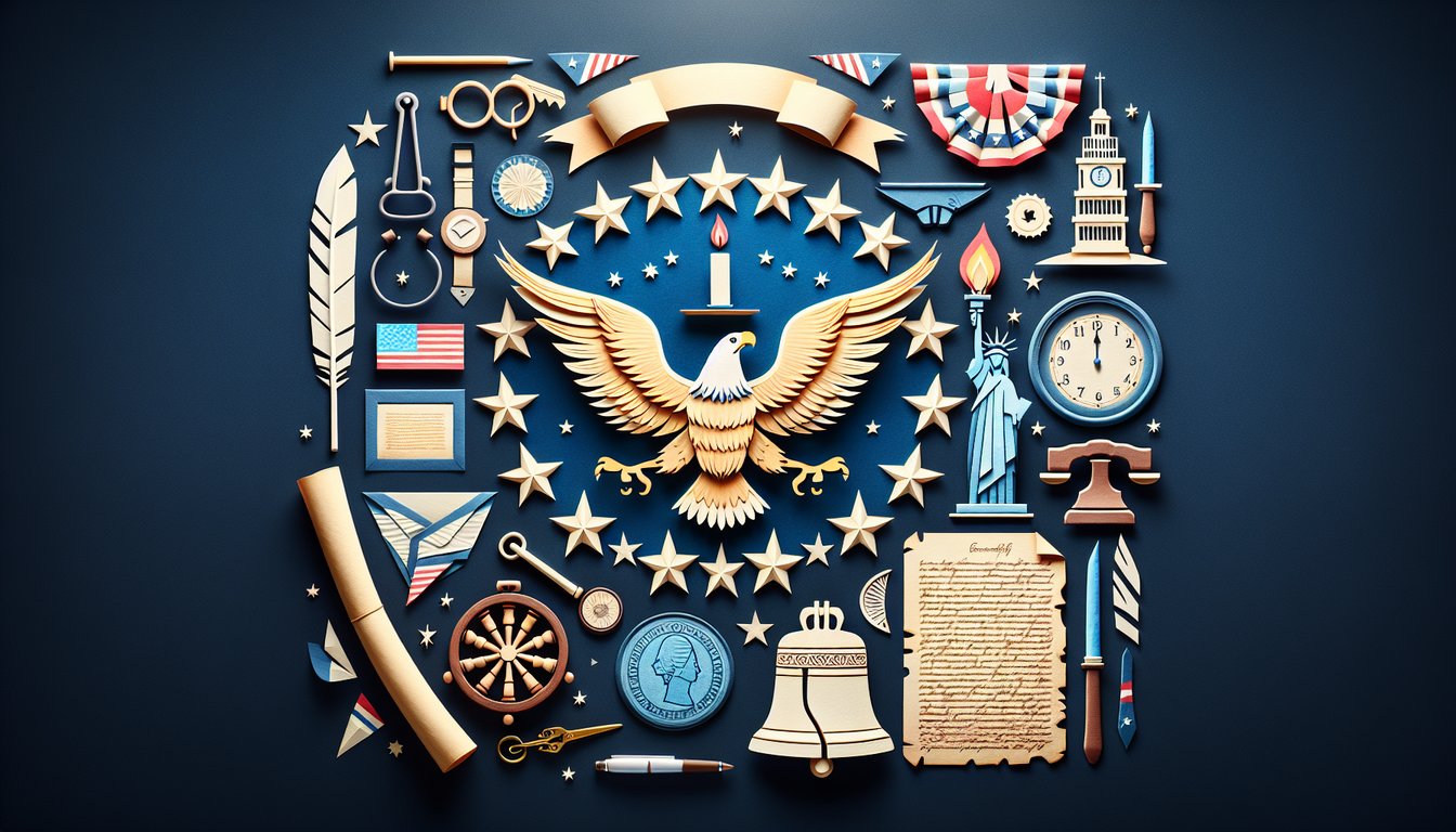 Colorful paper art promoting a US History practice quiz for high school students.