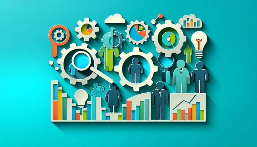 Paper art illustration on teal background with guru silhouettes, quality charts and management icons for matching quiz