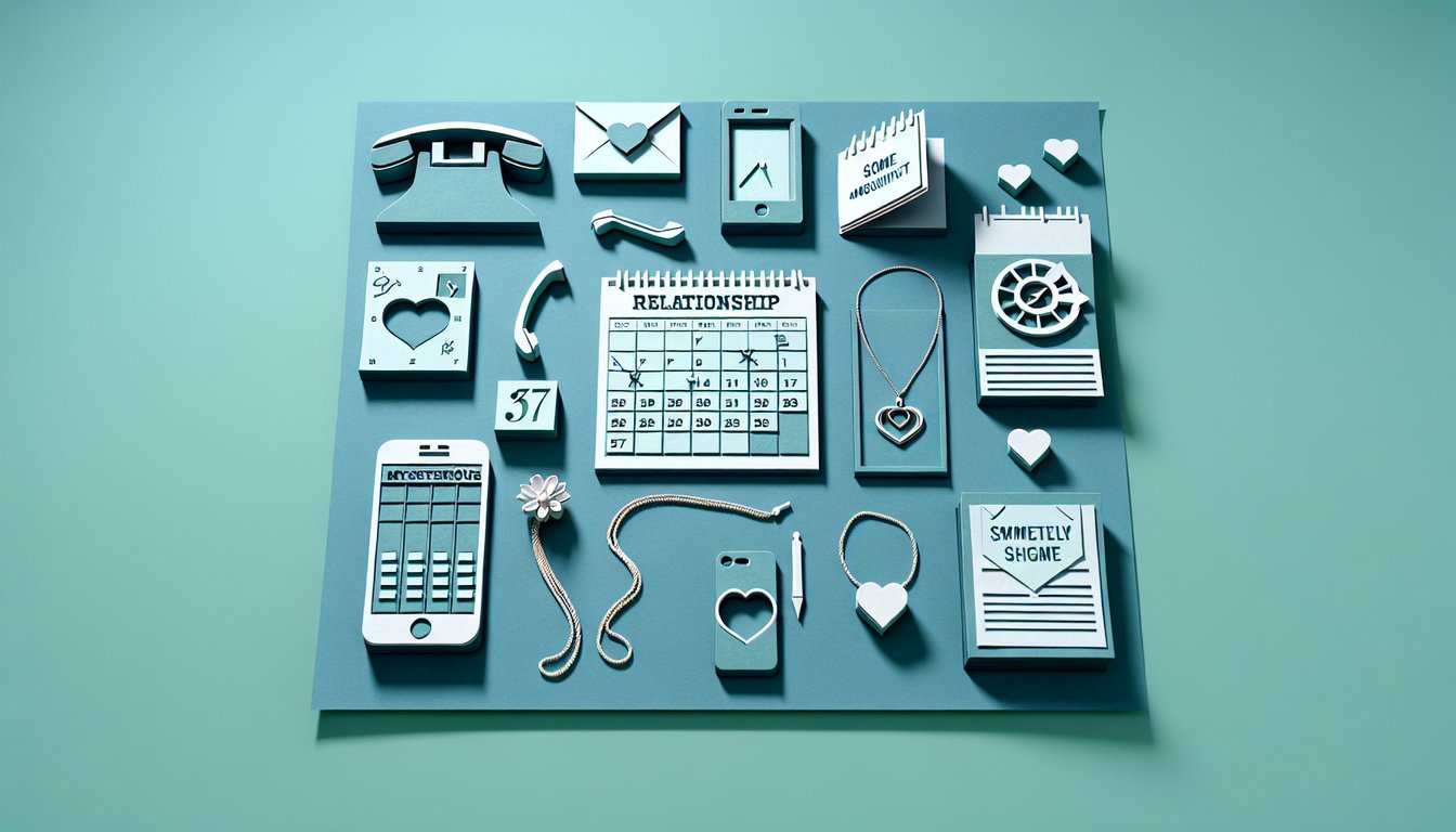 Paper art hearts layered torn open next to stylized question mark shapes on teal background for relationship quiz