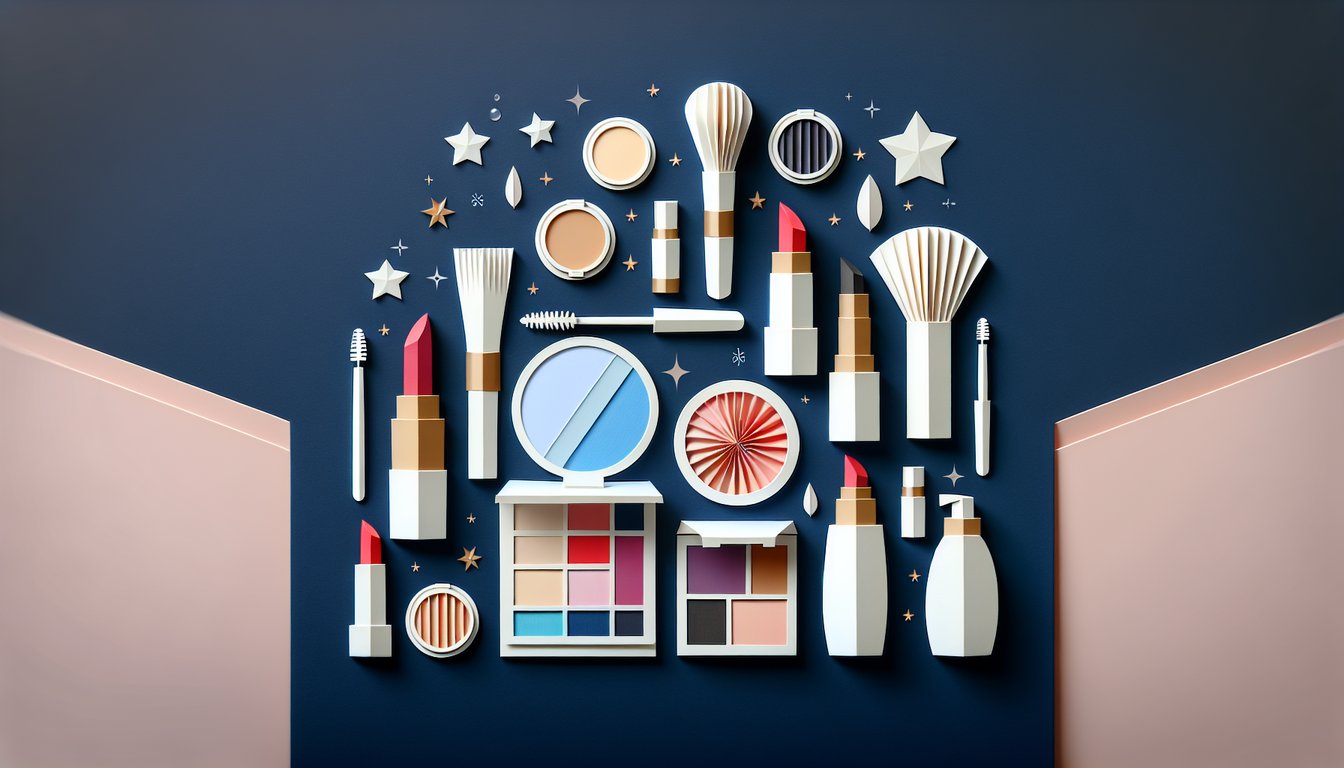 Colorful paper art depicting various makeup items for a Product Knowledge Quiz.