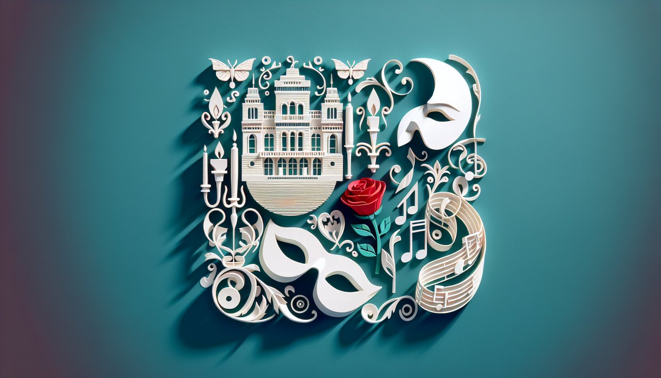 Paper art illustration of a Phantom mask, stage curtains, sheet music and quiz title on a teal background.