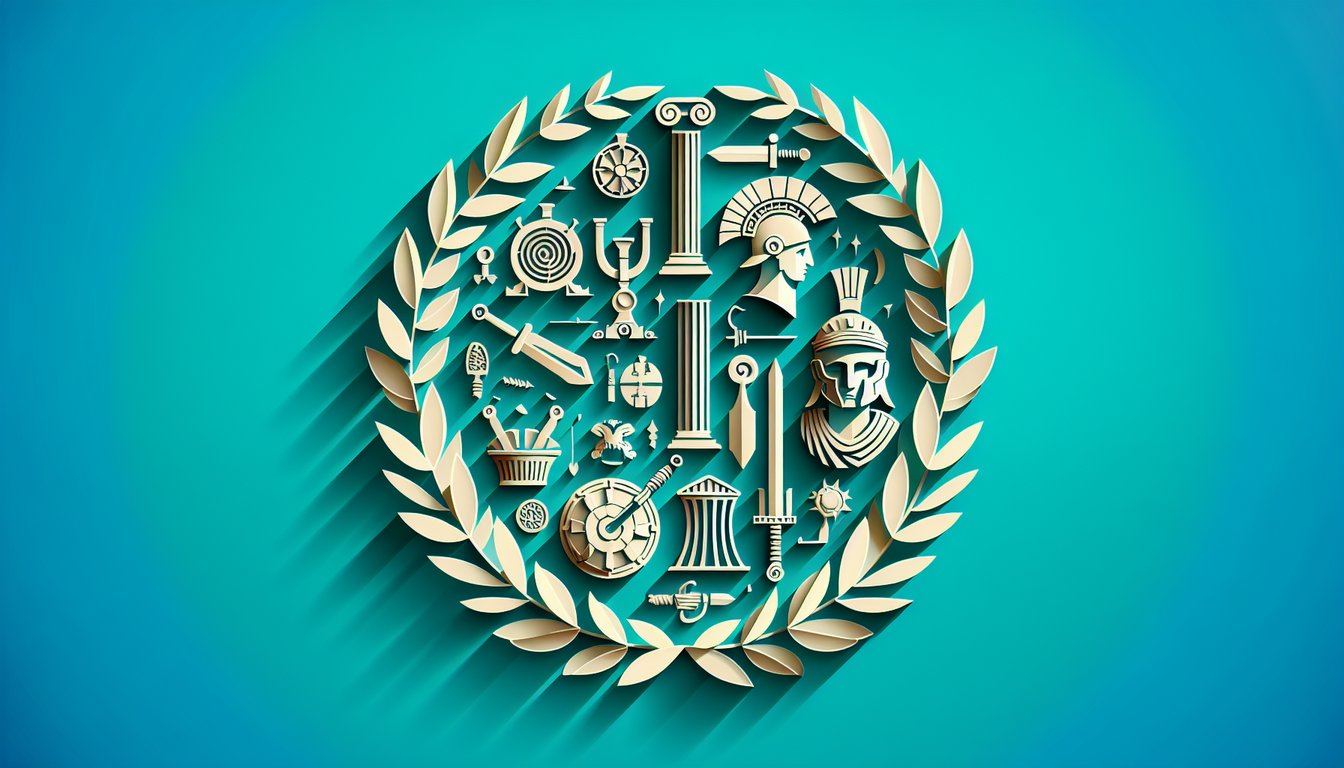 Paper art illustration of Roman helmet laurel wreath columns and scroll on teal background for Empire quiz
