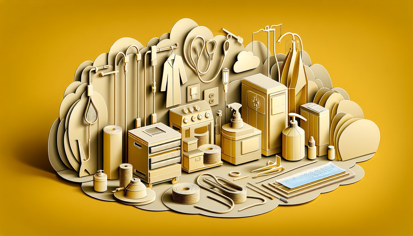 Paper art quiz icon on golden yellow background free practice test for IAHCSMM CER decontamination and disinfection knowledge