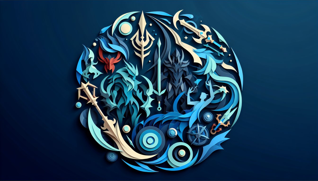 Colorful paper art depicting elements from Dota 2 for a knowledge quiz