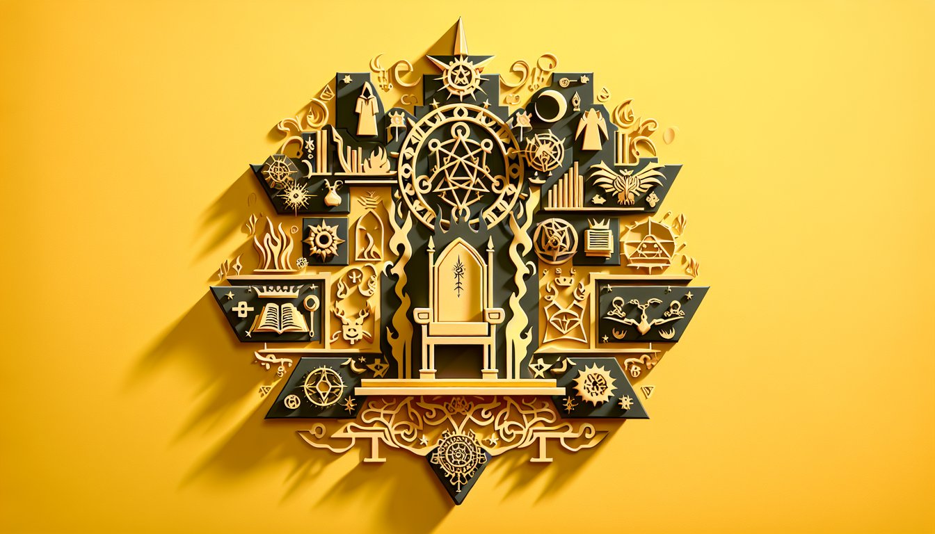 paper art depicting a crowned hooded figure with magic staff and swirling spells on golden yellow background.