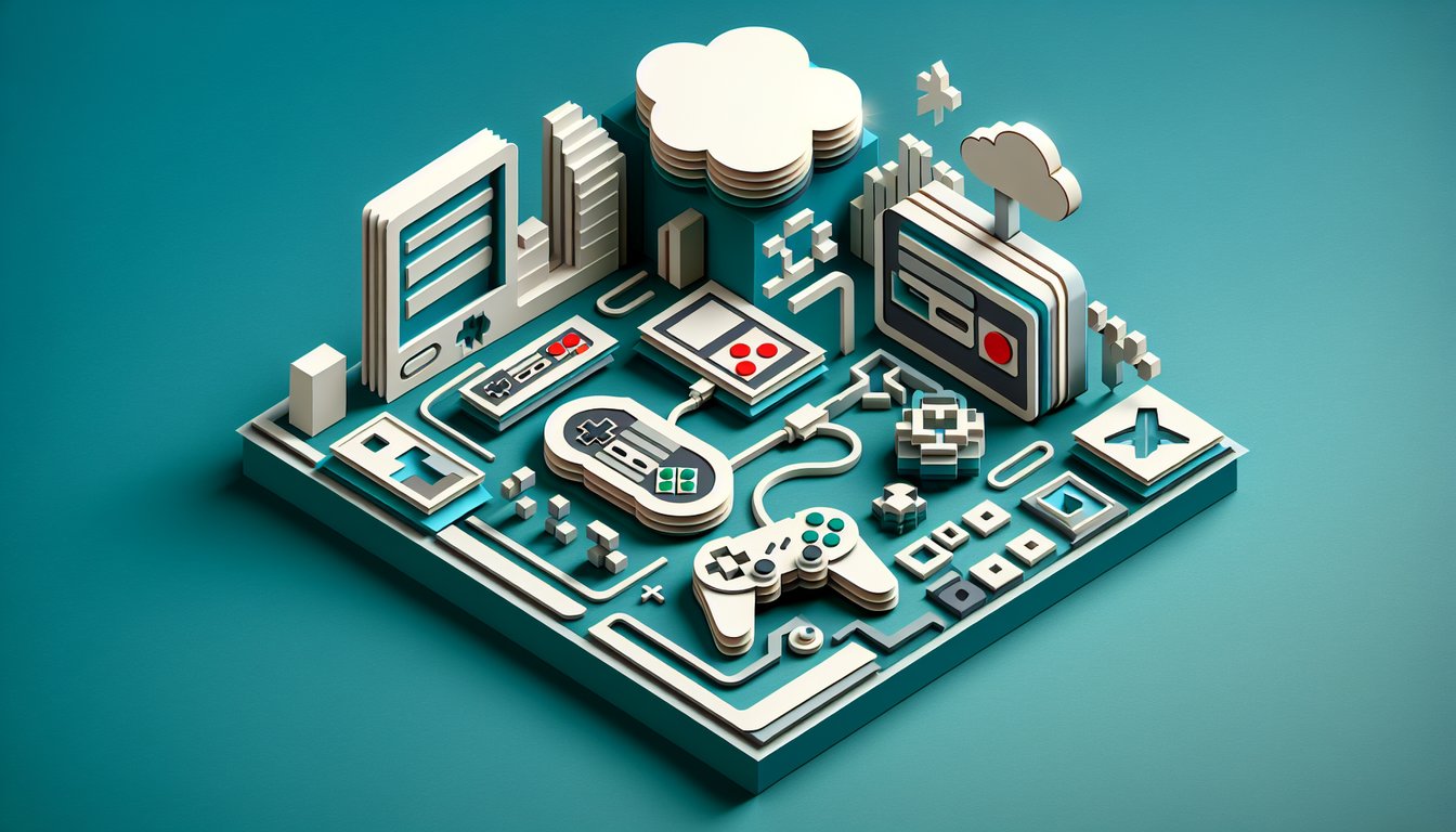 Paper art style video game scene with game controller, multiple choice cards, scoreboard icons, teal background