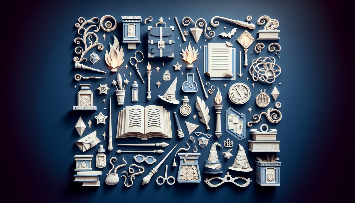 Paper art style scene featuring wands, potions, magical artifacts for a Harry Potter objects quiz on dark blue background