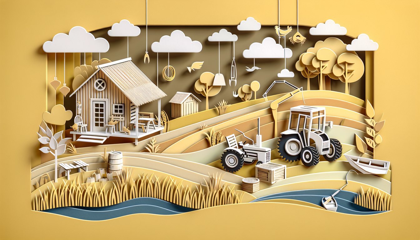 Paper art illustration featuring a free redneck name quiz on a golden yellow background.