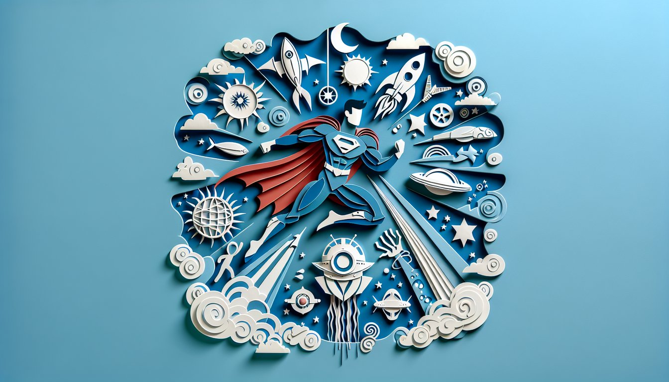 Paper art illustration of stylized Justice League hero logos floating above sky blue background for personality quiz