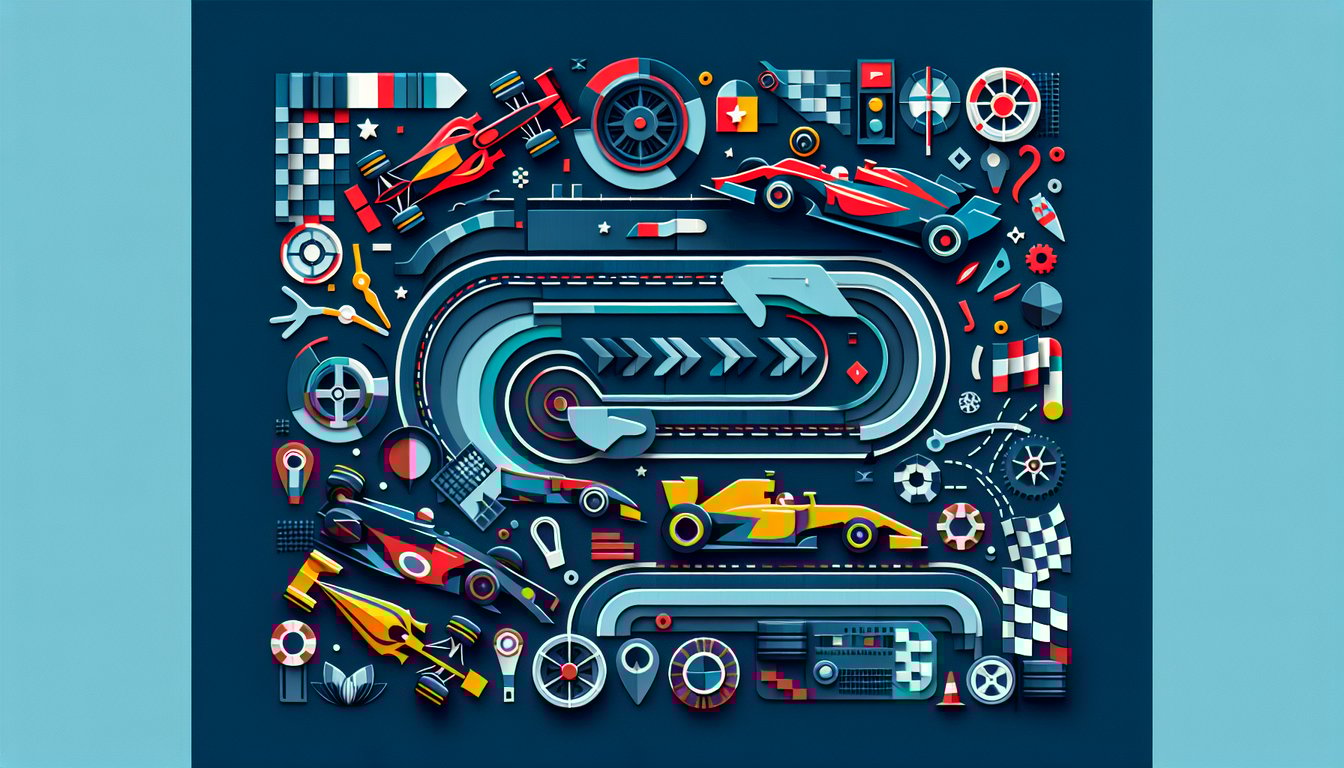 Colorful paper art depicting a racing car and checkered flag for a Motorsport Trivia Quiz.