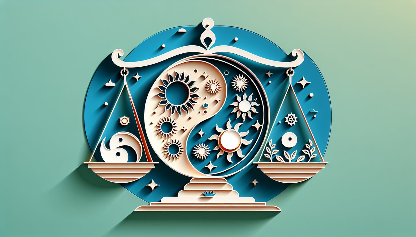 Paper art illustration for yin and yang quiz on teal background, encouraging self-discovery and balance.
