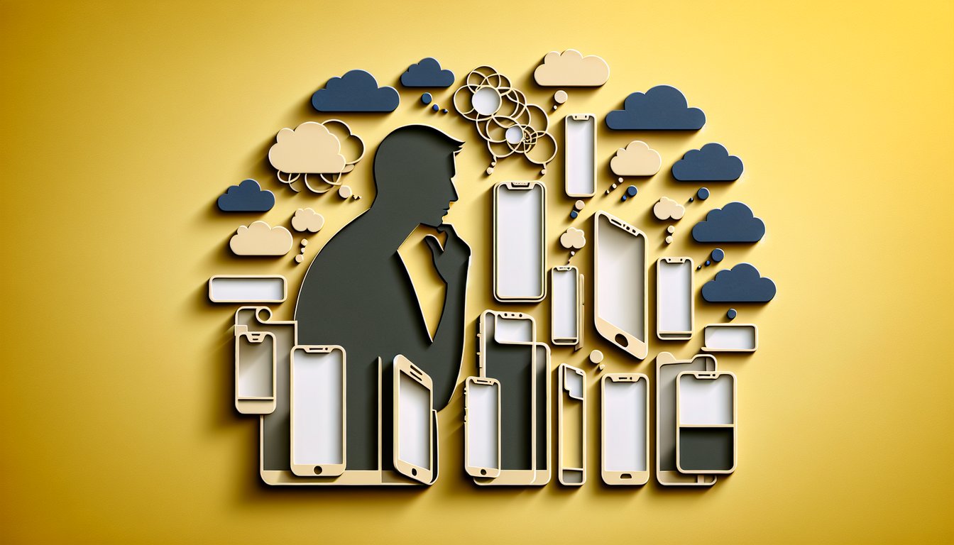 Paper art illustration for a new phone upgrade quiz on a golden yellow background
