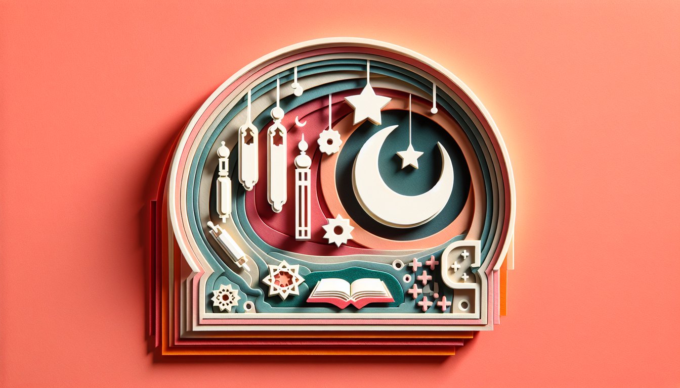 Paper art mosque silhouette crescent star decorative motifs on coral background quiz uncover your hidden Muslim beliefs