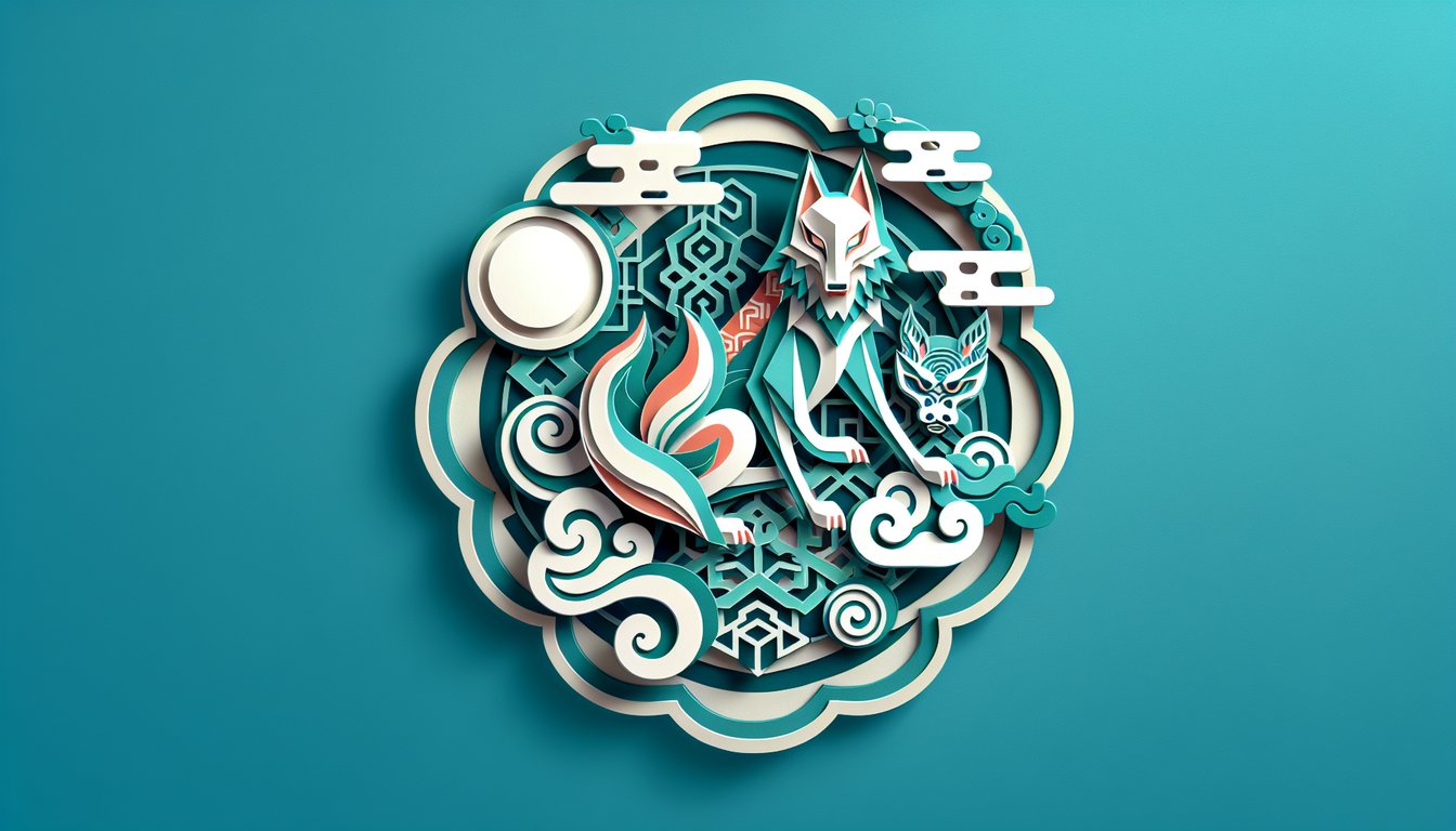 Paper art collage of folkloric spirit masks cherry blossoms and paper cranes floating on teal background