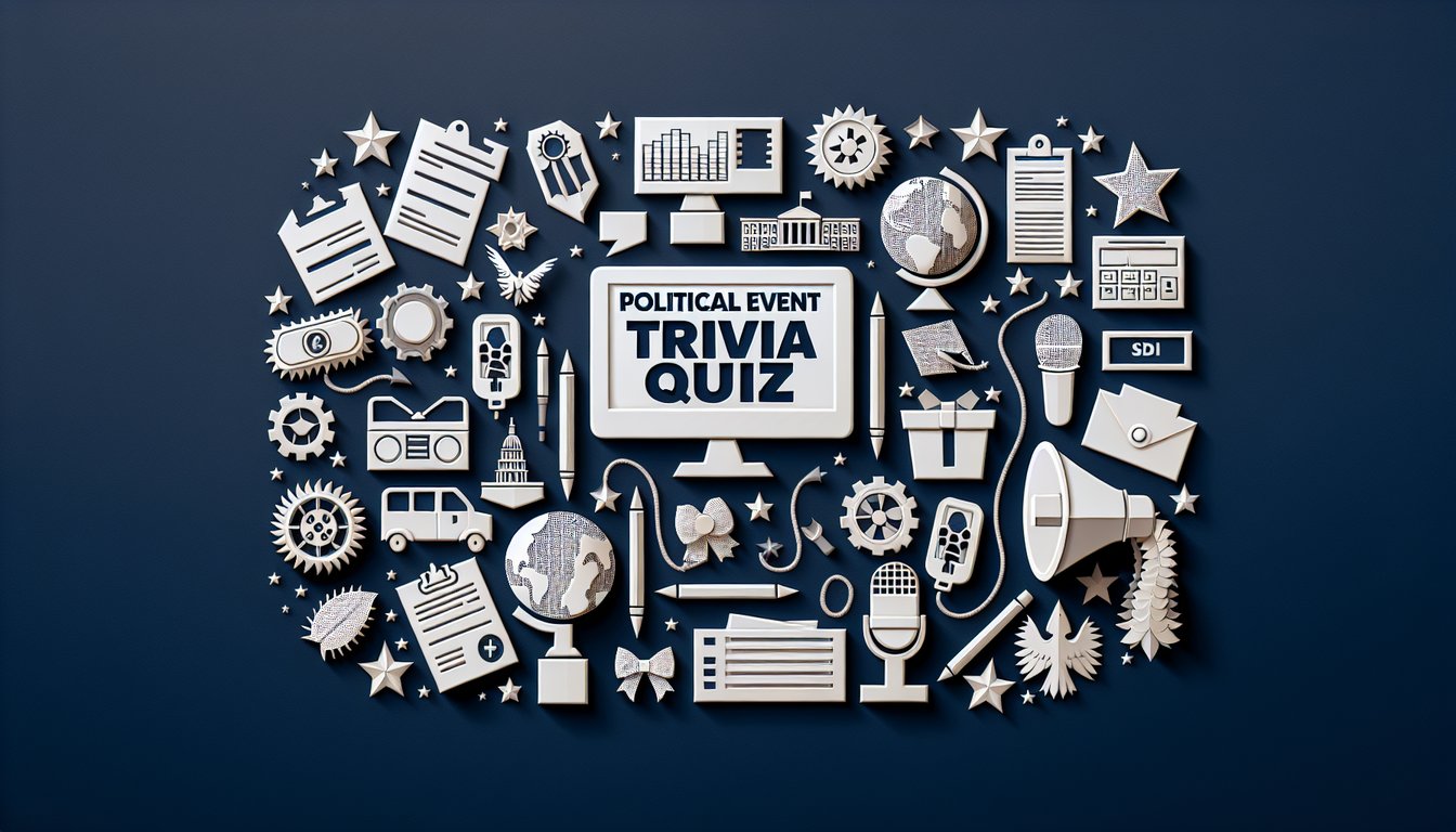 Colorful paper art promoting a Political Event Trivia Quiz.