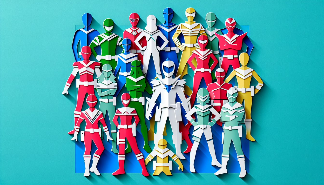 Paper art illustration for Power Ranger personality quiz on teal background