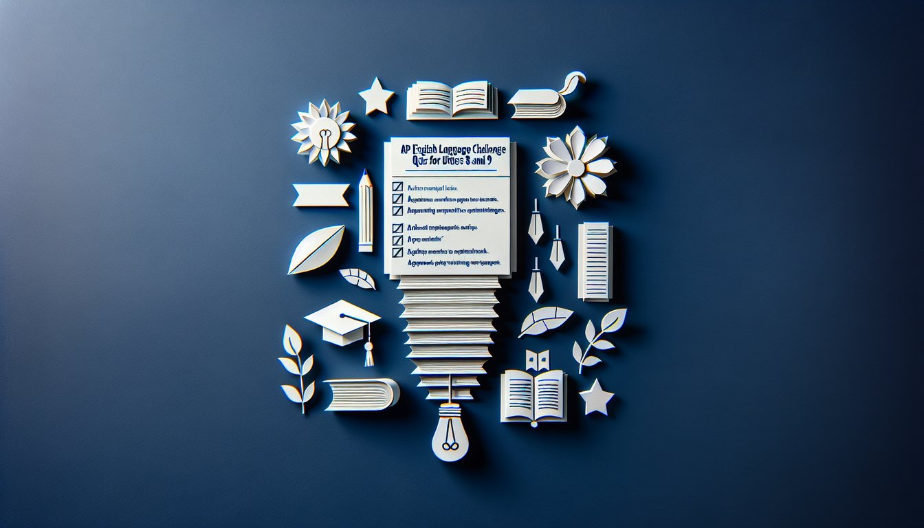 Paper art depicting a trivia quiz for AP English Language Units 8-9 review and exam preparation.