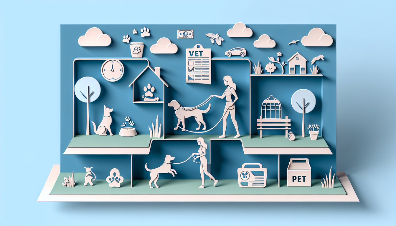 Paper art illustration for dog readiness quiz on a sky blue background.
