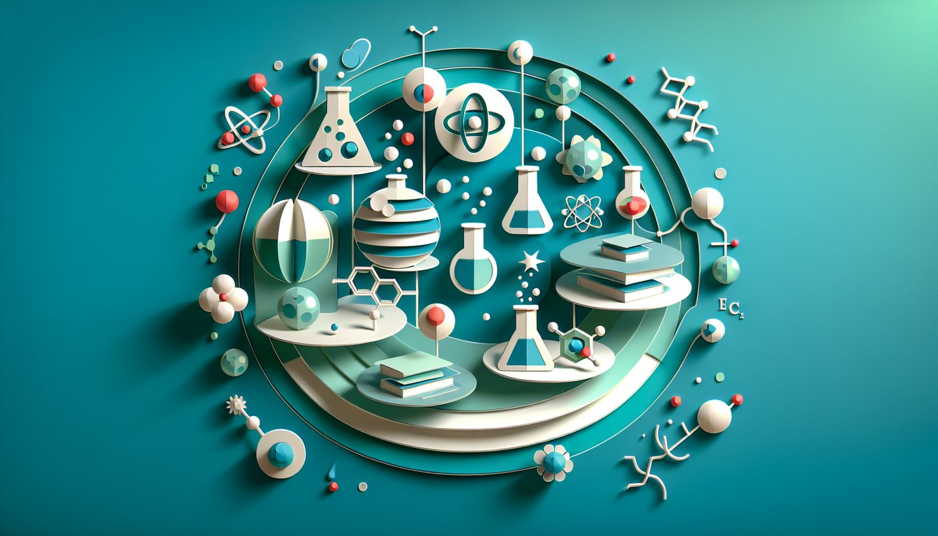 paper art illustration of atoms molecules test tubes and beakers for chemistry quiz on teal background