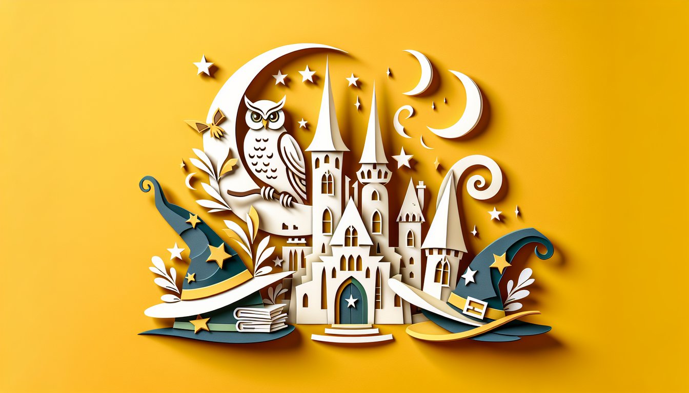 Paper art illustration of wizarding quiz with Hogwarts house crest, castle, wand on golden yellow background
