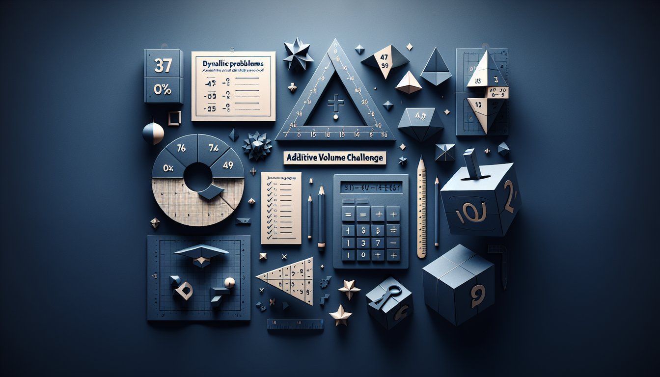 Colorful paper art promoting a dynamic math quiz on additive volume for middle school students.