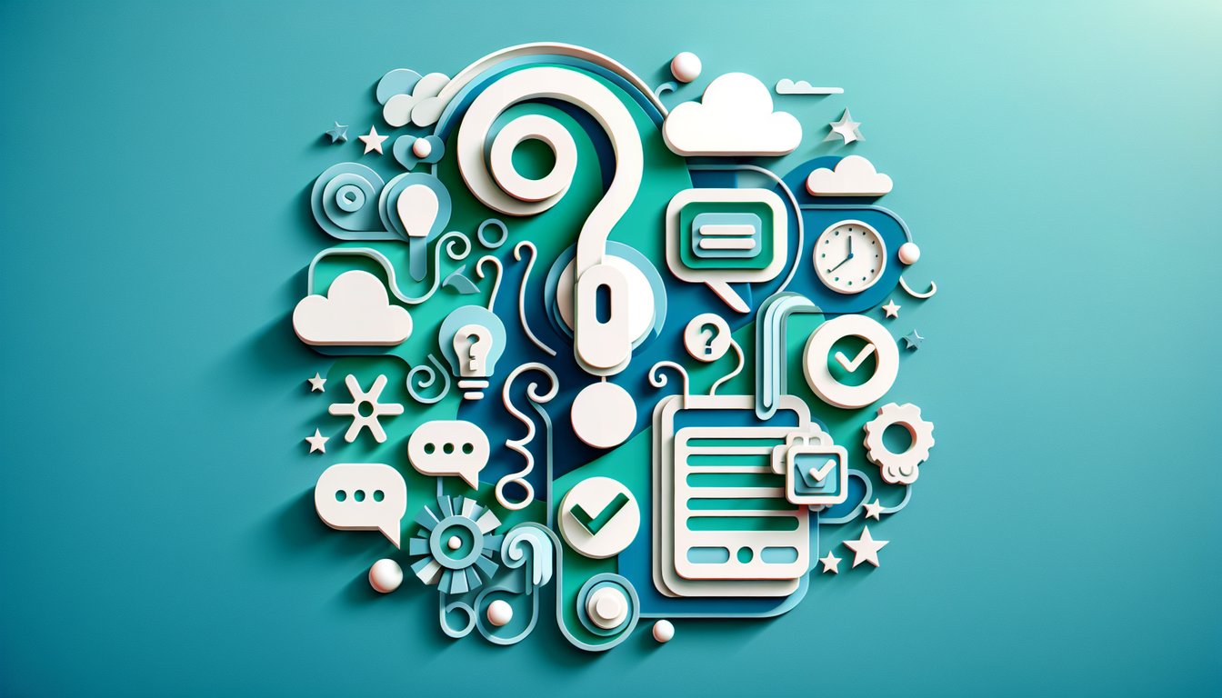 Paper art illustration of a laptop with quiz icons, pencils, checkmarks and a light bulb on teal background.