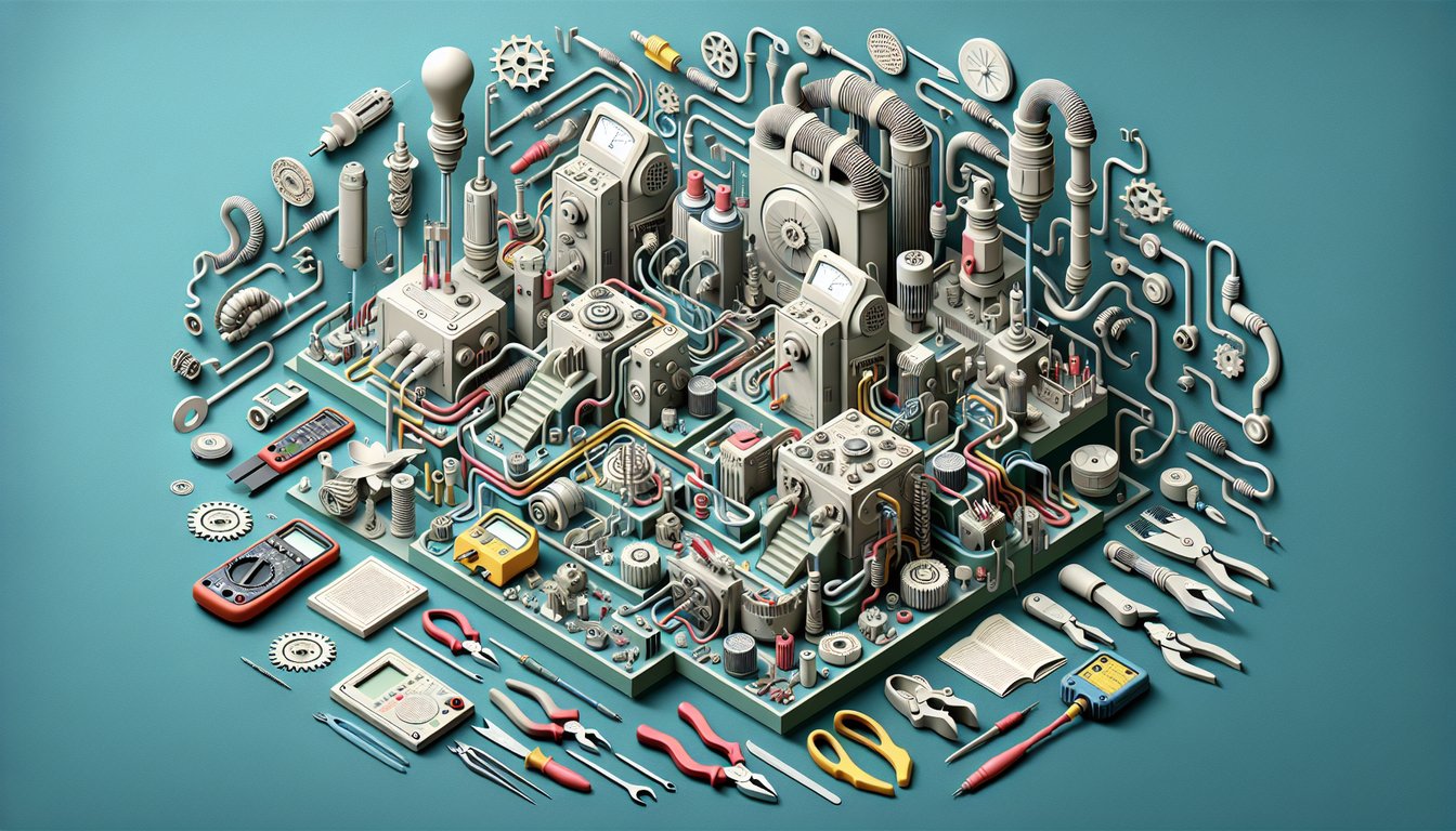 Paper art illustration for an Industrial Electrician Test quiz on a teal background.