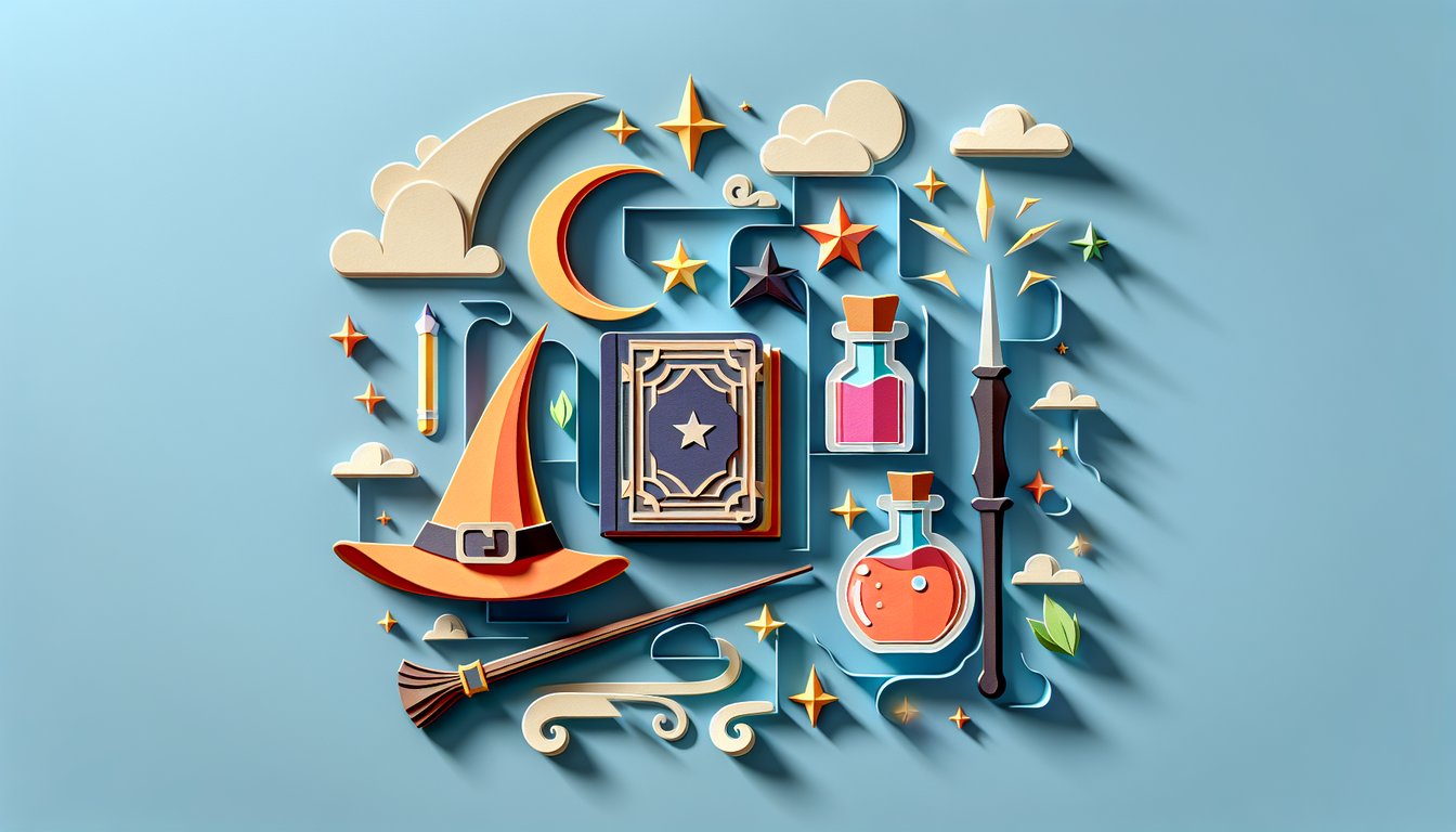 Paper art open book wizard hat wand stars free Harry Potter quiz reveal Hogwarts house wizard persona perfect match sky blue