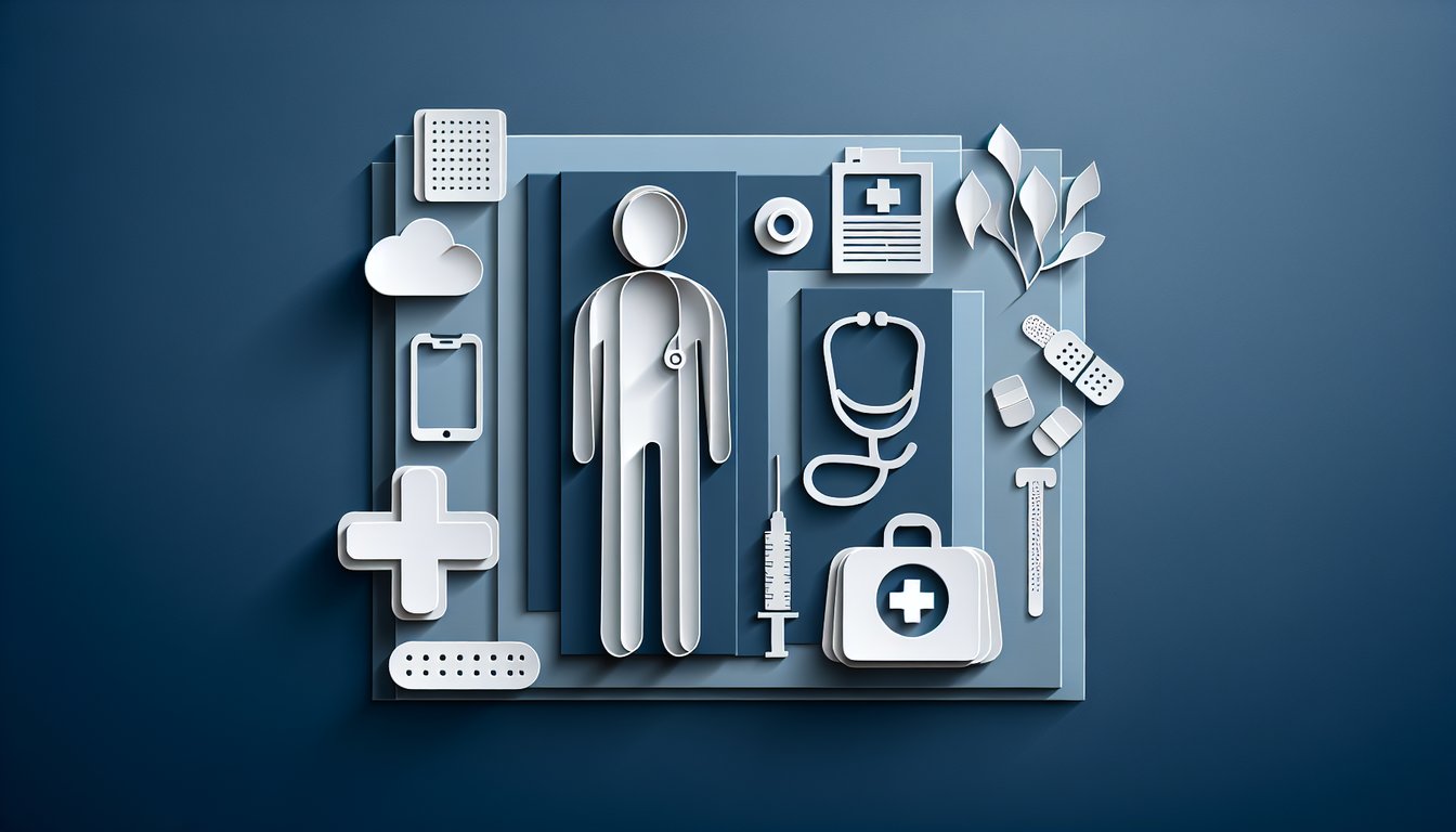 Paper art quiz illustration for Home Health Aide practice test on dark blue background