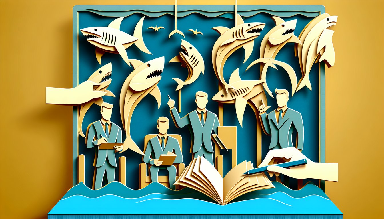 Paper art shark silhouettes with puzzle pieces on golden yellow background testing personality match to Shark Tank judges