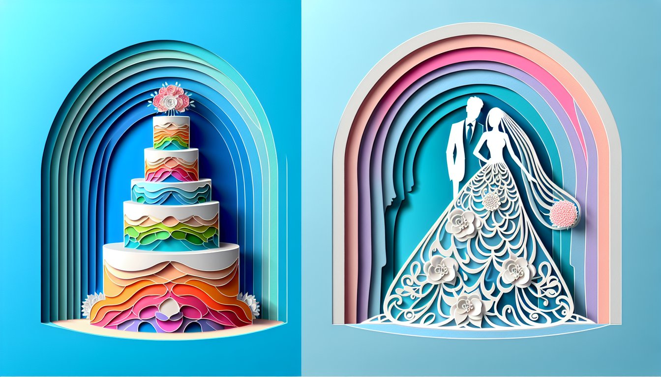 paper art illustration for wedding color quiz with invitation swatches scissors florals on sky blue background