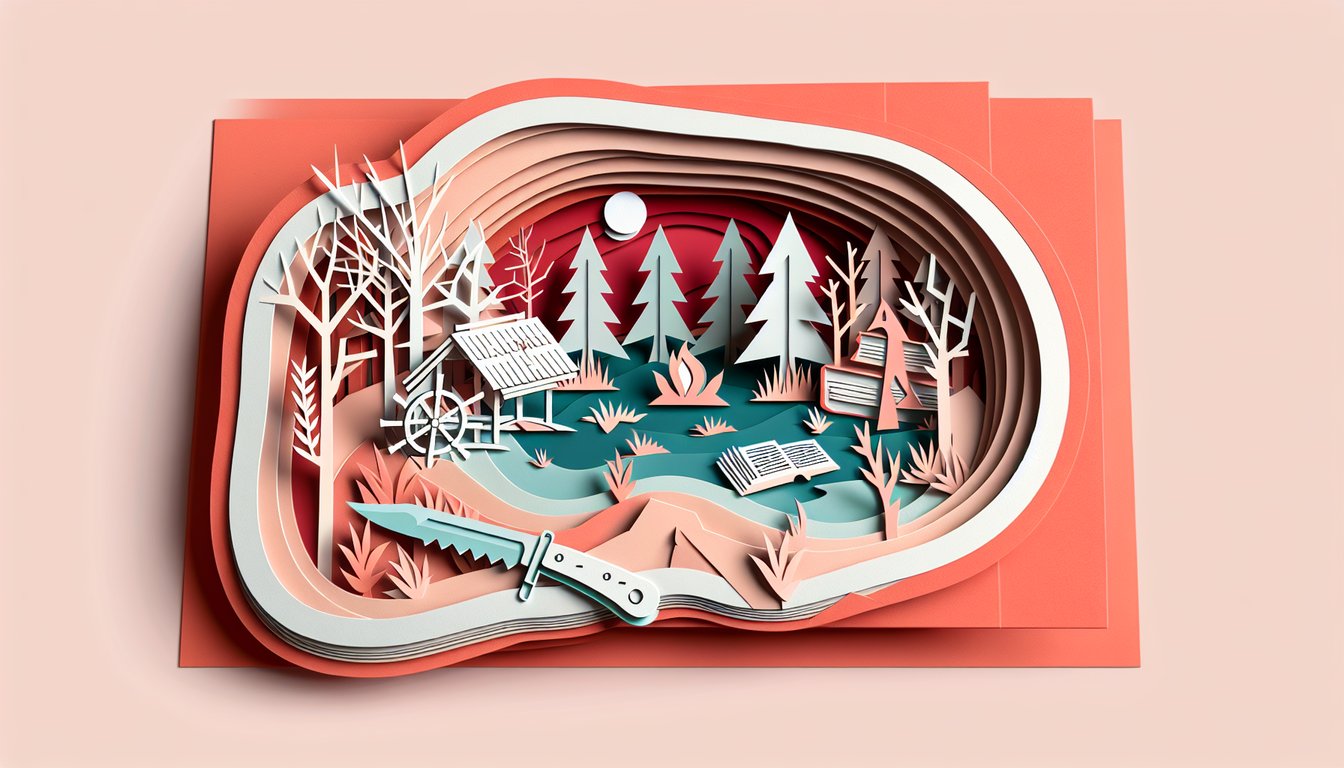Paper art illustration with hatchet leaf and campfire on coral background for Hatchet chapters 9-15 quiz