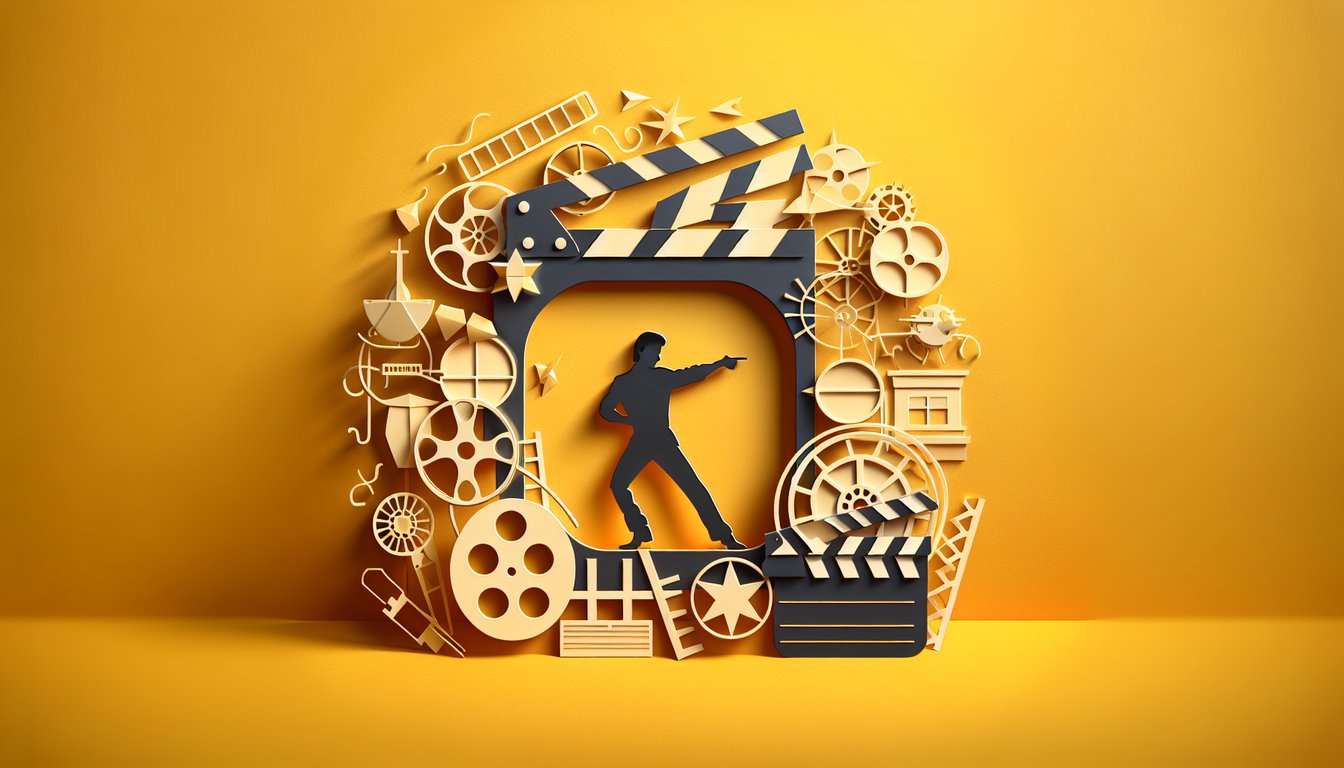Paper art style film reel marquee lights stars quiz Discover the Bollywood guy in you on golden yellow background