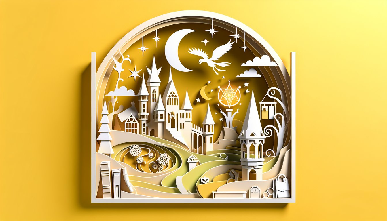 paper art style Harry Potter Prisoner of Azkaban quiz illustration with castle book and quill on golden yellow background