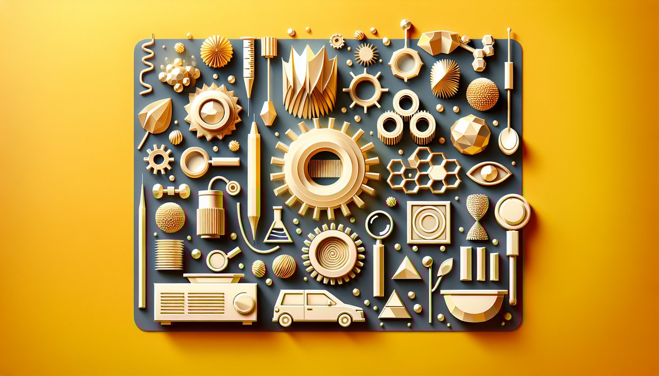 Paper art metal samples test tools positive material identification quiz API 578 on golden yellow background