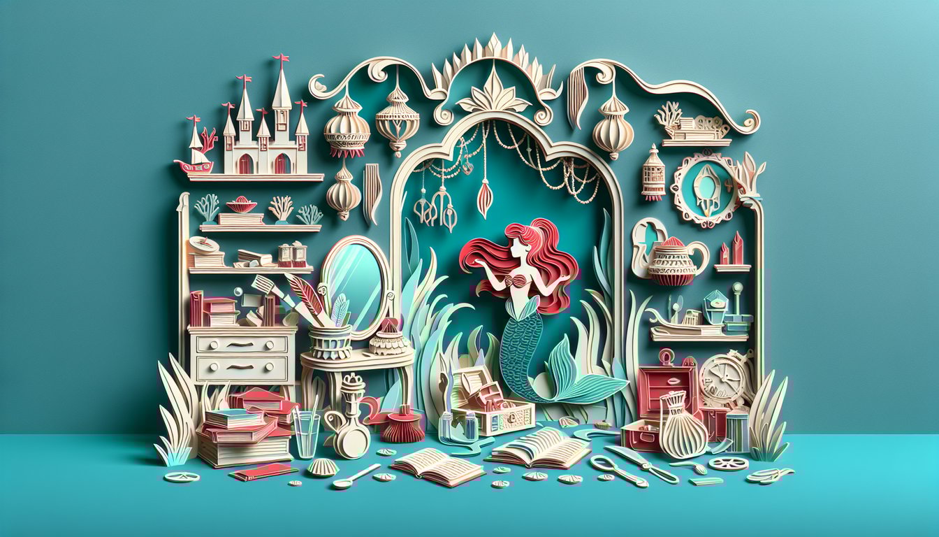 Paper art scene with seashells coral mermaid tail for Part of Your World lyrics quiz on teal background.