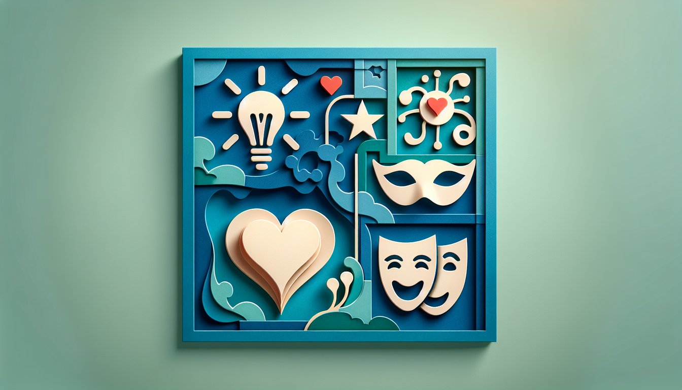 Paper art illustration for personality quiz with fun questions on a teal background.