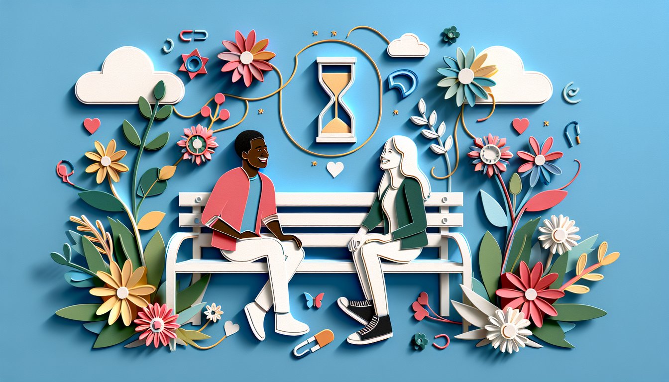 Paper art quiz illustration showing two best friends facing each other with hearts and question marks on sky blue background