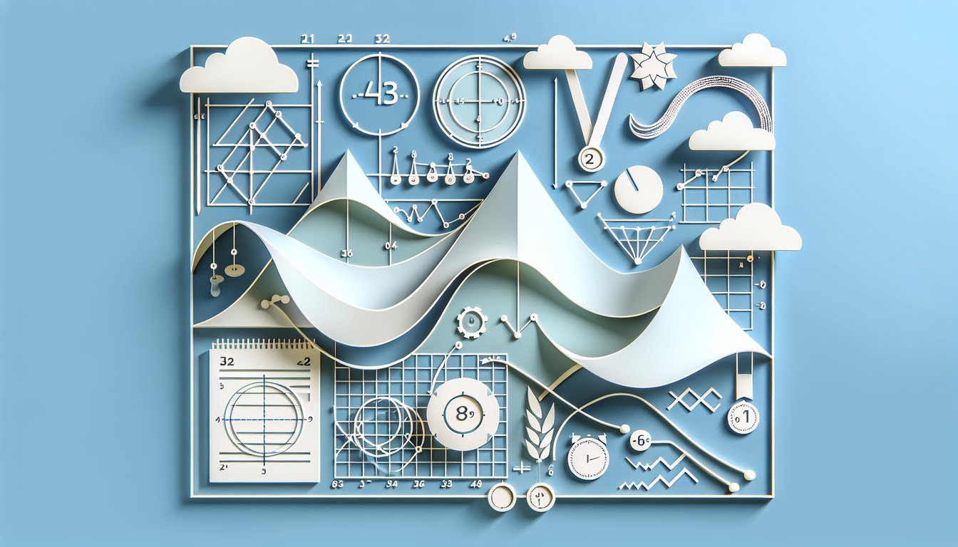 Paper art illustration of interconnected nodes arrows and graphs on sky blue background for functions and relations quiz