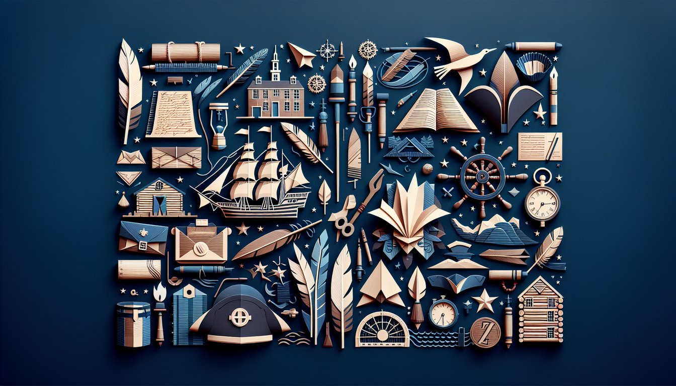 Paper art promoting Early America Challenge, a colonial history quiz for middle to high school students.